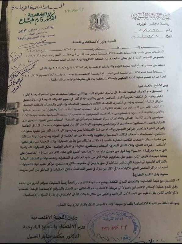 قرار النظام السوري بشأن الدعم الحكومي