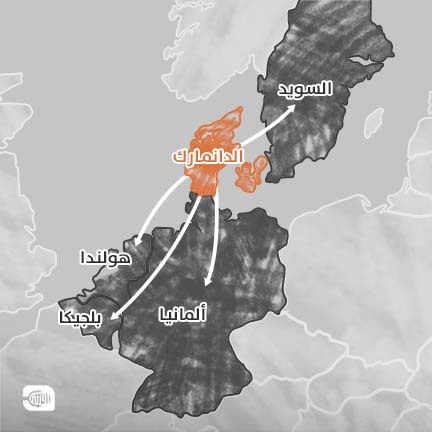 خريطة توضح مسارات هروب اللاجئين السوريين من الدنمارك إلى ألمانيا وبلجيكا وهولندا والسويد 